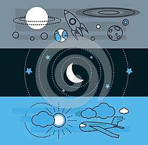 Modern astronomy science and aircraft transportation flat icon