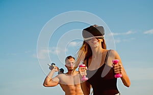 Modern athlete wear vr headset training on blue sky. Modern science for healthy life. Modern approach in sport. Modern