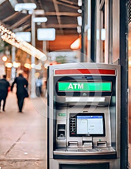 Modern ATM design. It features a sleek dark grey exterior and a user-friendly green interface. photo