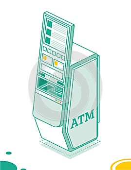 Modern Atm Machine Isolated on White. Isometric Business Concept. Touch Screen with UI Interface