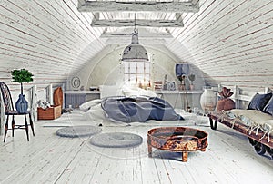 Modern attic bedroom design.