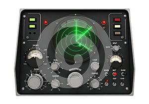 Modern audio mixing console with illuminated display and control knobs