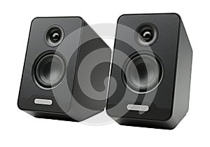 Modern audio speaker pair on white background