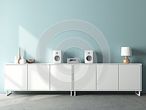 Modern audio stereo system mockup and white speakers on bureau in modern interior