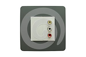 Modern audio video input panel on wall on white background