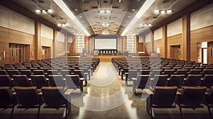 Modern auditorium interior with lecturer desk and rows of vintage chairs in luxury training center. Generative Ai