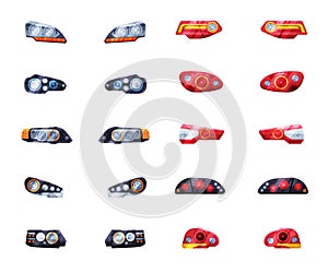 Modern Auto Headlights Set, Front and Rare Led Headlamps Flat Style Vector Illustration on White Background