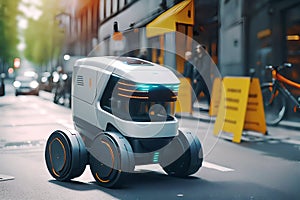 A modern automated food delivery robot drives along a city street