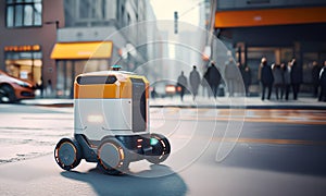 A modern automated food delivery robot drives along a city street