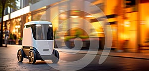 A modern automated food delivery robot drives along a city street. Autonomous innovation bot for parcel delivery shipping.