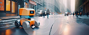 A modern automated food delivery robot drives along a city street. Banner