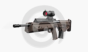 A modern automatic bullpup carbine with a telescopic sight. Weapons for defense and attack. Arming the police, special units and