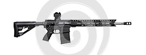 Modern automatic carbine with collimator sight isolate on white background