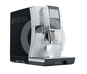 Modern automatic coffee machine with digital display and white cup, isolated on white. File contains a path to isolation