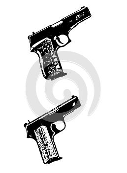 Modern automatic hand gun pistols, black on white