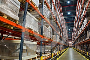 Modern automatized high rack warehouse, distribution warehouse with high shelves