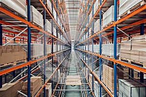 Modern automatized high rack warehouse, distribution warehouse with high shelves