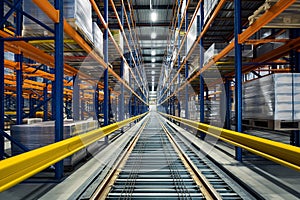 Modern automatized high rack warehouse, distribution warehouse with high shelves