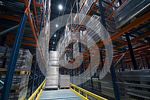 Modern automatized high rack warehouse, distribution warehouse with high shelves