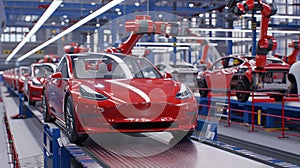 Modern automobile factory assembly line featuring a red sedan. Industrial robots working on car production. Automotive