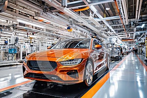 Modern automobile production line. Car on assembly line. Factory for production of cars. Modern automotive industry