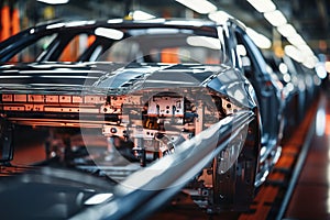 Modern automobile production line. Car are on assembly line. Factory for production of cars. Modern automotive industry