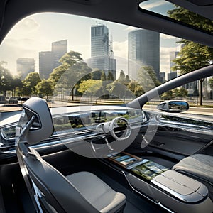 Modern autonomous car interior with panoramic cityscape view from driver perspective and seat rotation