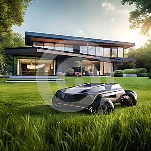 Modern autonomous lawn mower in front of a luxury house during sunset. smart home technology in use. AI