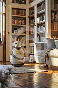 Modern Autonomous Service Robot in Cozy Home Library Interior with Sunlight