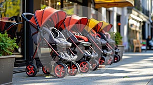 Modern baby strollers on city sidewalk, copy space