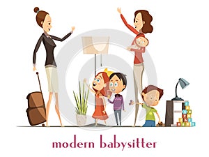 Modern Babysitter Nanny Service Cartoon Illustration