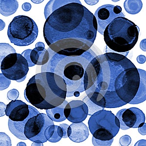 Modern background of dark purple and navy blue transparent bubbles painted in watercolor. Abstract monochrome pattern with ink cir