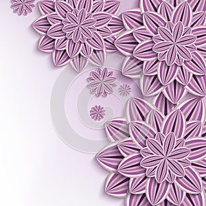 Modern background with purple 3d paper flowers