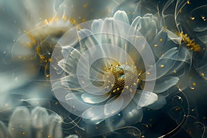 modern background,shining chamomile flowers with transparent petals, shrouded in smoke with an unearthly radiance,close-up,concept