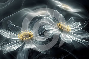 modern background,shining chamomile flowers with transparent petals,shrouded in smoke with an unearthly radiance,dark background,