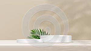 Modern background Step Podium with coconut palm leaves on Beige wall,3D Display with overlay light of branches leaf on cement wall