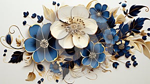 Modern background with white and dark blue flowers with golden elements, generative AI
