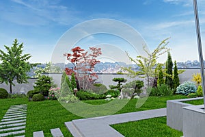 Modern backyard with oriental inspired background, 3D rendering