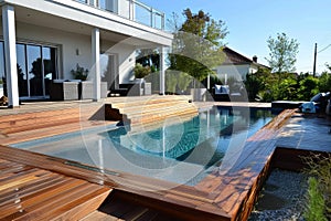 Modern backyard with pool and wooden deck