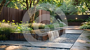 Modern backyard with a water feature.