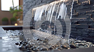 A modern backyard water feature with stone wall