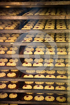 Modern bakery in confectionery factory. Cookies in the oven