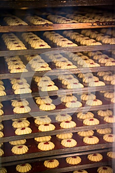 Modern bakery in confectionery factory. Cookies in the oven