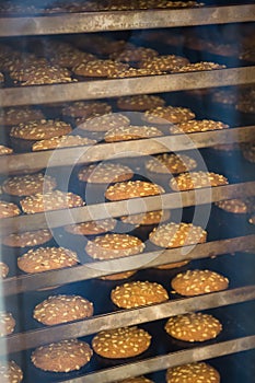 Modern bakery in confectionery factory. Cookies in the oven