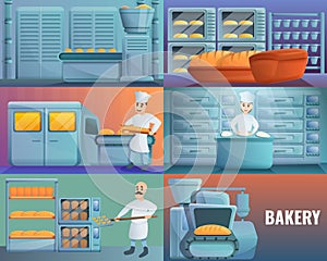 Modern bakery factory banner set, cartoon style