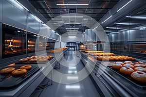 a modern bakery featuring automated processes, sleek metal counters, robotic ovens, and minimalist industrial design