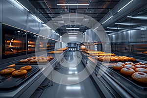 a modern bakery featuring automated processes, sleek metal counters, robotic ovens, and minimalist industrial design photo