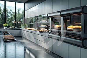a modern bakery with robotic ovens and sleek metal countertops, featuring minimalist industrial design, embracing the photo