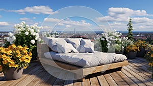 Modern Balcony Lounge with Plush Bedding Overlooking Cityscape at Sunset