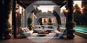 Modern balcony patio building with rest area for family in elegant stylish villa or hotel